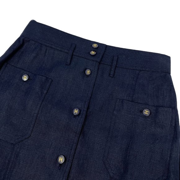 CHANEL Vintage CC Mark Button Linen Jacket Skirt Set #40 Dark Blue [102994] - Picture 10 of 12